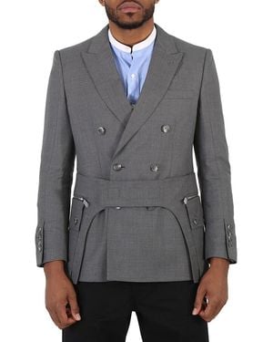 Burberry Charcoal English Fit Wool Tailored Jacket With Cargo Belt Detail, Brand Size 50 (Us - Gray