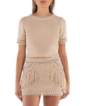Rabanne Ladies Shiny Stud-Detailed Knitted Top - Natural