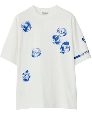 Burberry Rose Print Cotton Jersey T-Shirt - Blue