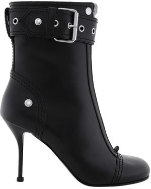McQueen Buckle-Detail Heeled Ankle Boots, Brand Size 35 Us - Black