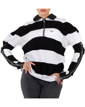 Burberry Ladies Pattern Zip Detail Striped Pique Cotton Loose Fit Rugby Shirt - Black