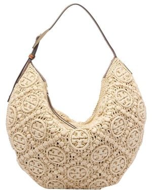 Tory Burch Raffia T Monogram Balloon Bag - Natural