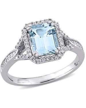 Amour 1 /8 Ct Tgw Octagon Shape Aquamarine And 1/5 Ct Tgw Diamond Ring - Blue