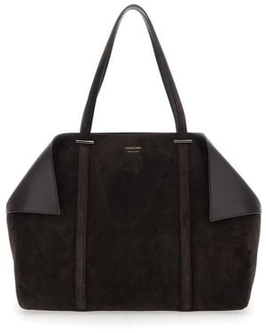 Ferragamo Tote Bag With Folded Corners And Logo Lettering Embossed On The Front - Black