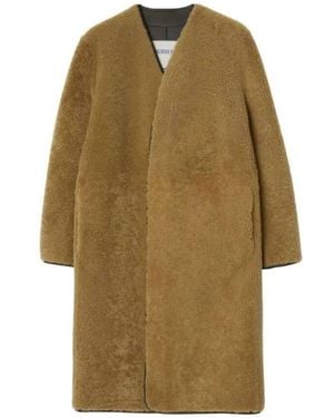 Burberry Moss Collarless Shearling Maxi Coat, Brand Size 8 Us - Natural