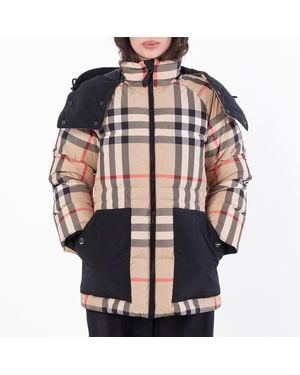 Burberry Checked Hooded Puffer Jacket - Natural