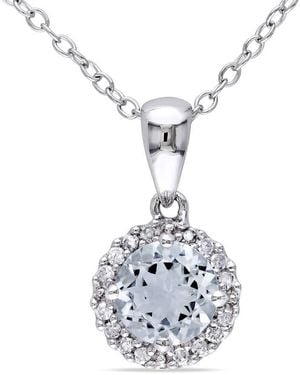 Amour 1/10 Ct Tw Diamond And Aquamarine Halo Pendant With Chain - Metallic