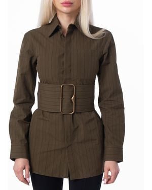 Burberry Pinstriped Cotton-Poplin Belted Shirt, Brand Size 4 Us - Green