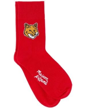 Maison Kitsuné Fox Head Intarsia-Knit Cotton-Blend Socks - Red