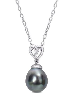 Amour 8-9Mm Tahitian Cultured Pearl And Topaz Heart Drop Pendant With Chain - Metallic