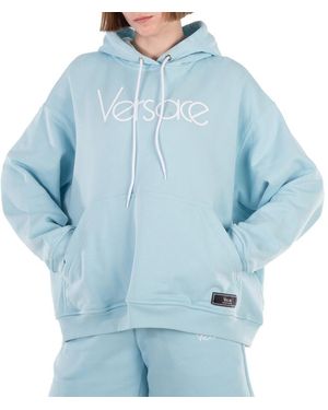 Versace Logo-Embroidered Drawstring Hoodie - Blue