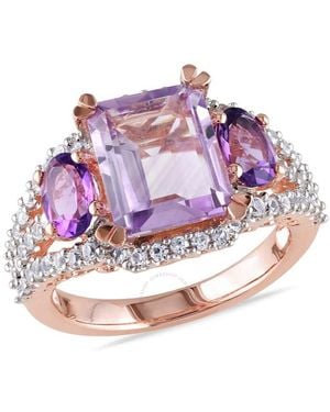 Amour 4 5/8 Ct Tgw Emerald Cut Rose De France, Amethyst And Created Sapphire 3-Stone Ring - Pink