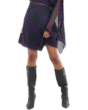 Burberry Wrap- Belt Check-Pattern Frayed Skirt, Brand Size 8 (Us - Blue