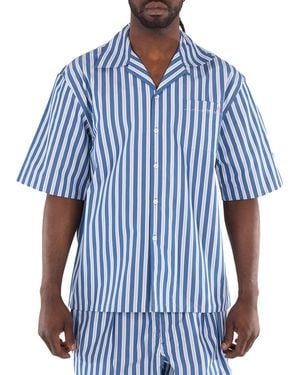 Marni Striped Embroidered Logo Cotton Shirt - Blue