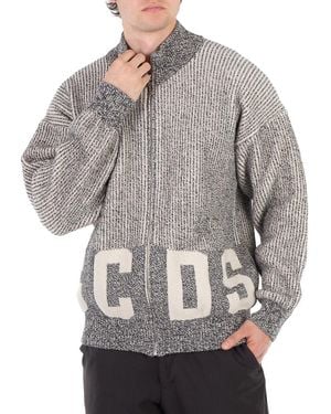 Gcds Ribbed Logo Full Zip Cardigan - Grey