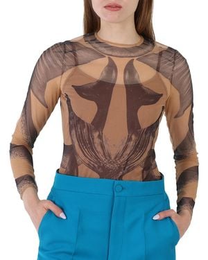 Burberry Ladies Mermaid Tail-Print Tulle Long Sleeve Bodysuit - Blue