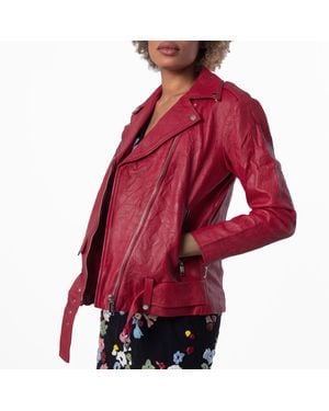 Michael Kors Ladies Crinkled Leather Moto Jacket - Red