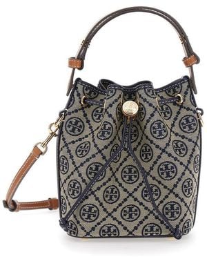 Tory Burch Tote Bag Perry T Monogram With Logo Cotton And Polyester Blu Hand - Black