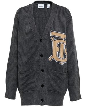 Burberry Dark Melange Monogram Intarsia Loose-fit Wool Cardigan - Grey