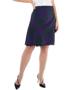 Burberry Vintage Check Frayed-Edge Wool Skirt, Brand Size 4 (Us - Blue
