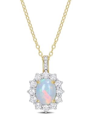 Amour 2 1/6 Ct Tgw Oval Shape Ethiopian Opal And Topaz And Diamond Accent Halo Pendant With Chain - Metallic