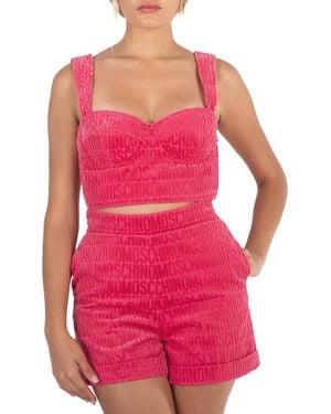 Moschino Fantasy Print Fucsia All-Over Logo Crop Top - Pink