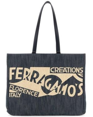 Ferragamo Denim Large Tt Sign Shopping Bag - Black