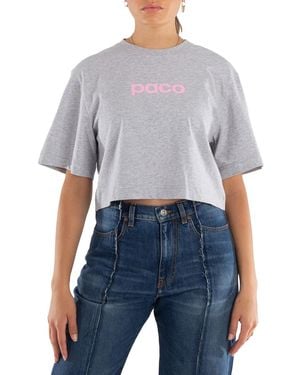 Rabanne Logo Print Cropped Cotton T-Shirt - Blue