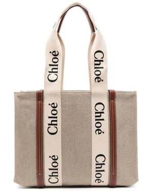 Chloé Medium Woody Linen Logo Tote Bag - Natural
