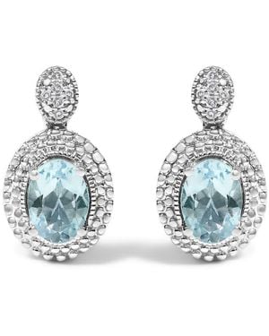 Haus of Brilliance 925 Sterling Diamond Accent And Oval Topaz With Beaded Halo Drop Stud Earrings (I-J Colour, I1-I2 Clarity) - Blue