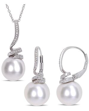 Amour 11-12Mm Cultured Freshwater Pearl And 1/10 Ct Tw Diamond Spiral Earrings And Pendant Set - Metallic