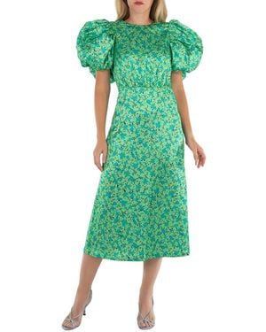 ROTATE BIRGER CHRISTENSEN Midi Dress With Floral Print And Puffed Sleeve - Green