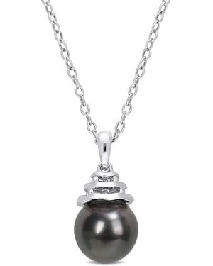 Amour 8.5-9Mm Freshwater Cultured Pearl And 1 1/3 Ct Tgw Created Sapphire Floral Pendant - Metallic