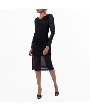 Ferragamo Sheer-Panels Draped Midi Dress, Brand Size 44 Us - Black