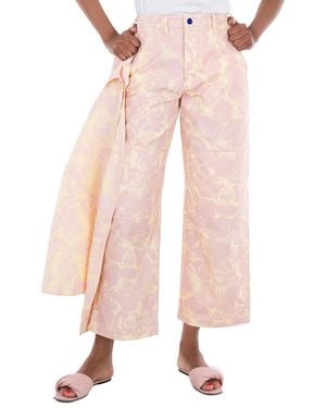 Burberry Rose-Print High Waist Cotton Pants, Brand Size 4 Us - Natural