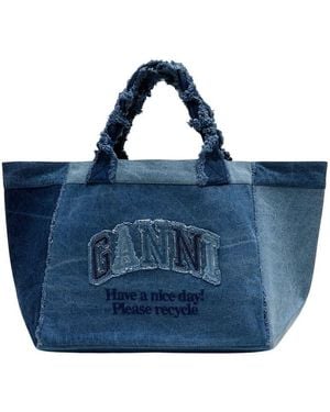 Ganni Logo-Embroidered Denim Tote Bag - Blue