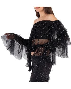ROTATE BIRGER CHRISTENSEN Rhinestone-Embellished Ruffled Mesh Cropped Top - Black