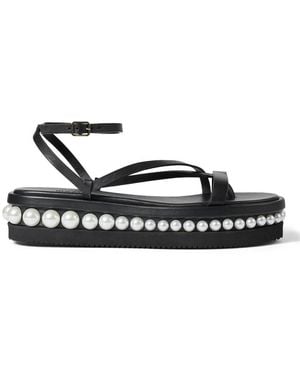 Jimmy Choo Pine Flat Pearl Embellished Leather Sandals, Brand Size 34 Us - Black