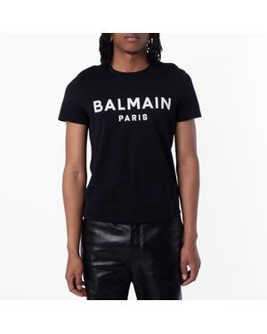 Balmain Flock Logo Print Cotton T Shirt - Black