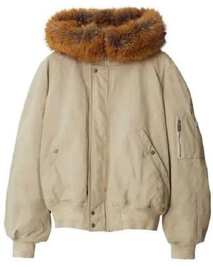 Burberry Natural Faux Fur Trim Cotton Bomber Jacket