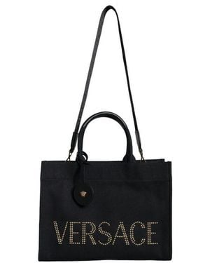 Versace Top Handle Canvas Leather Logo Crossbody Tote Bag - Black
