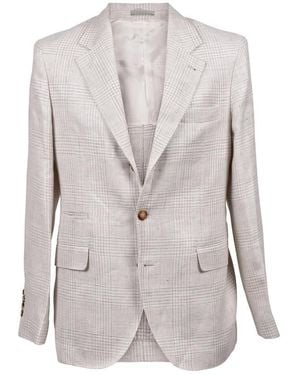 Brunello Cucinelli Light Plaid Linen Wool Suit, Brand Size 46 (Us - Grey