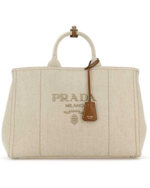 Prada Extra Large Canvas Shopping Handbag With Top Handles - Natural