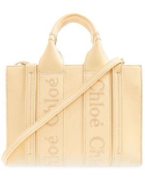 Chloé Woody Small Logo Embroidered Leather Tote - Natural