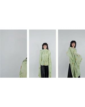 Balenciaga Elegant Floral Pleated Blouse With Padded Shoulders - Green