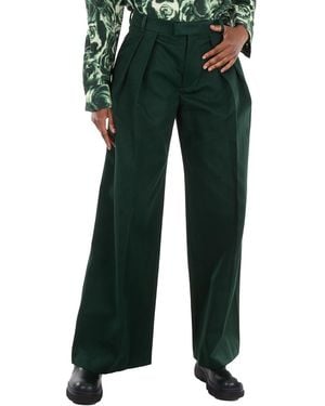 Burberry Wide Leg Pleated-Detail Cotton Pants, Brand Size 2 (Us - Green