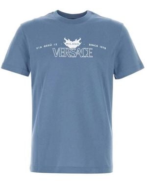 Versace Logo Print Cotton T Shirt - Blue