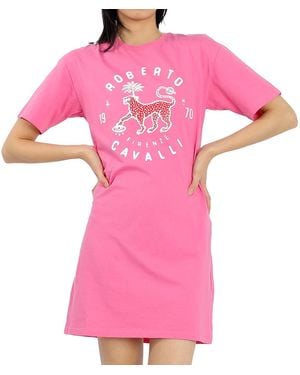 Roberto Cavalli Ladies Lucky Leopard Print T-Shirt Cotton Dress - Pink