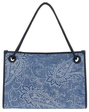 Etro Embroidered Denim Medium Eyes Shopping Bag Fantasiaazzurro Borse A Mano - Blue