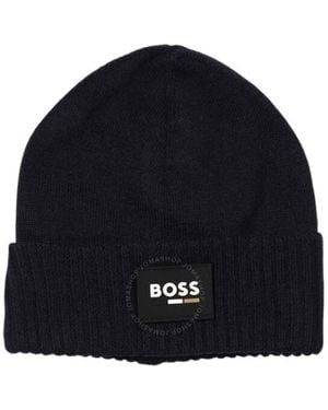 BOSS Logo-Patch Wool-Blend Beanie - Blue